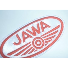 APPLIQUE - JAWA - (100X52MM) - (RED JAWA ON WHITE BACKGROUND)